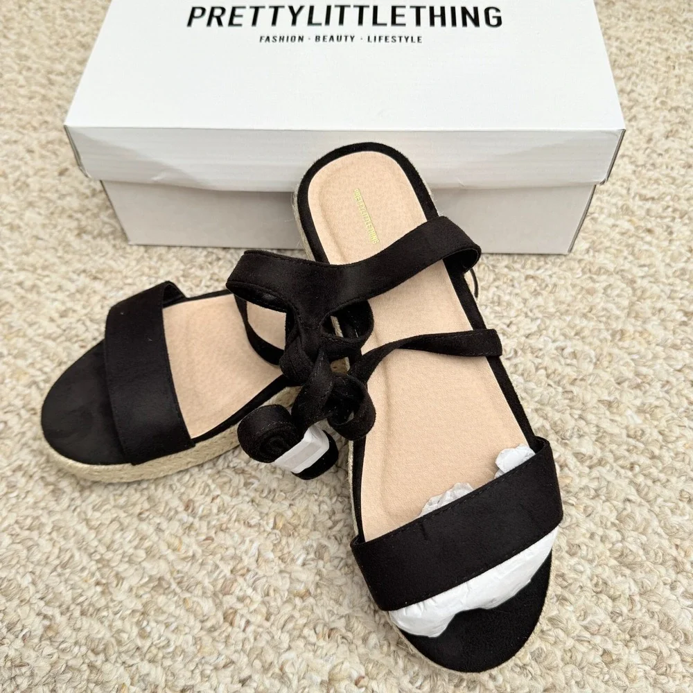 Pretty Little Thing Black‎ Lace Up Espadrille Flatform Sandals Size 7